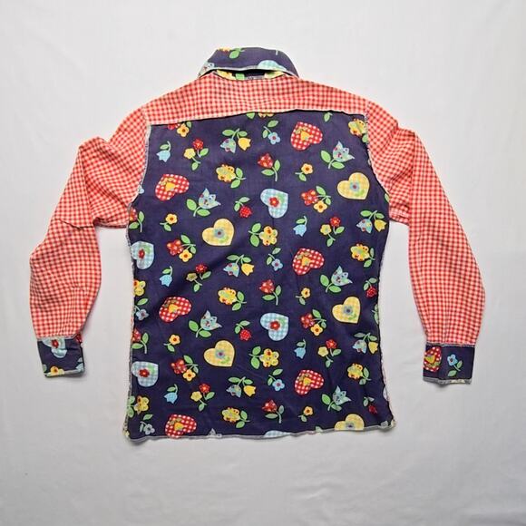 Vintage Floral Patchwork Shirt Red Gingham Long Sleeve Retro Medium Blouse 70s - Picture 8 of 10